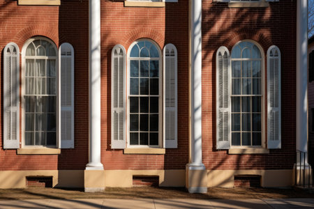 tall, rounded windows on italianate house, capturing shadows, created with generative aiの素材