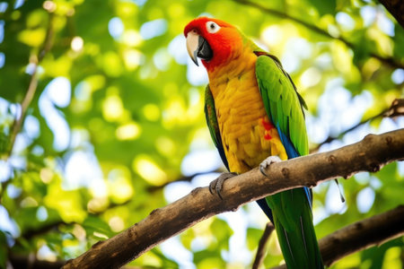 a parrot perched on a tree branch, mid-song, created with generative aiの素材