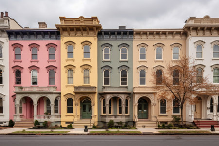 a diagonal shot of italianate facade with rounded windows, created with generative aiの素材