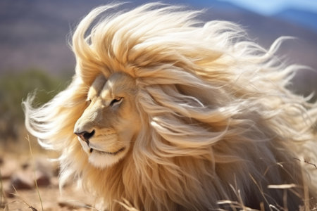 close-up of a lions mane blowing in the wind, created with generative aiの素材
