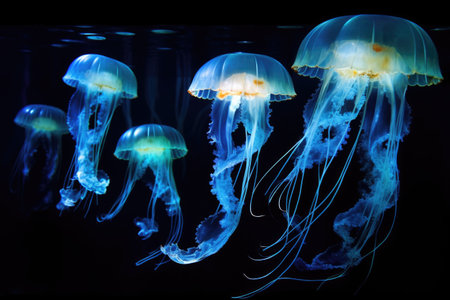 jellyfish displaying bioluminescence in the dark waters, created with generative aiの素材