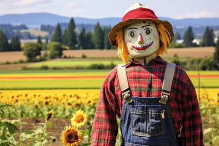 a scarecrow placed amid a crop-filled meadow, created with generative aiの素材
