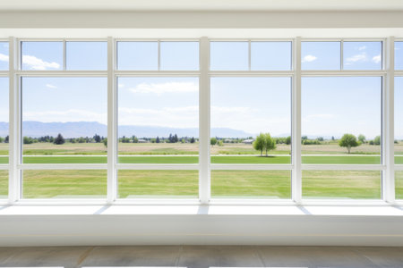a row of oversized windows on white modern ranch, created with generative aiの素材