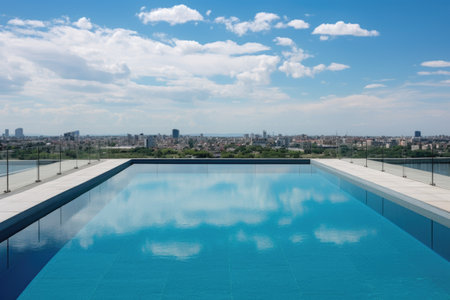 infinity pool on the rooftop of a concrete building with glass railings, created with generative aiの素材