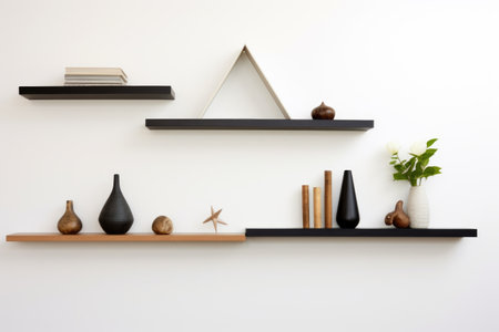 asymmetrical floating shelves on a white wall, created with generative aiの素材