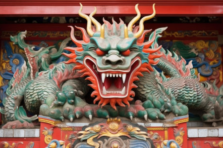 mythological dragon sculpture in asian temple, created with generative aiの素材