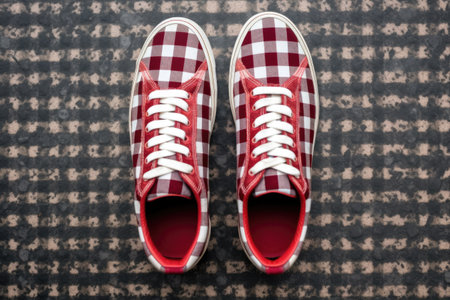 plaid patterned sneakers standing on a concrete surface, created with generative aiの素材