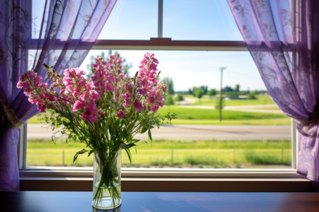 blooming flowers in a prairie seen through a ribbon window, created with generative aiの素材