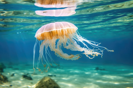 a jellyfish with trailing tentacles capturing small fish, created with generative aiの素材