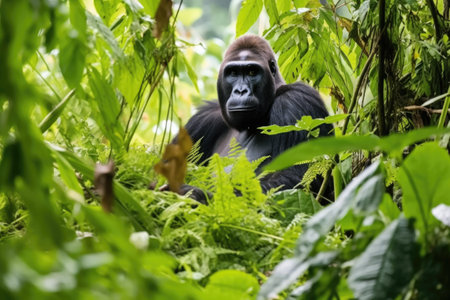 a gorilla eating leaves in a dense jungle setting, created with generative aiの素材