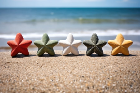 five-step star rating system depicted with beach pebbles, created with generative aiの素材