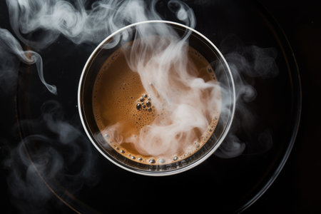 overhead shot of steam rising from a hot cup of coffee, created with generative aiの素材