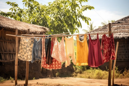 handmade clothes hanging on a bamboo clothesline under the sun, created with generative aiの素材