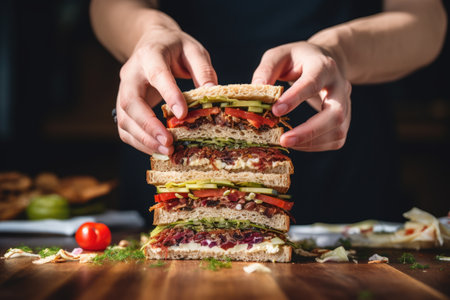 human hands adding layers to a triple-decker sandwich, created with generative aiの素材