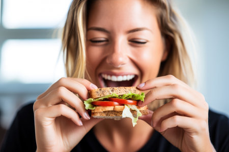person relishing her bite of a delicious tuna sandwich, created with generative aiの素材