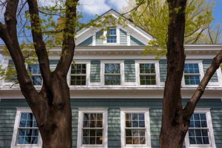 tree reflection on the dormer windows of a colonial revival house, created with generative aiの素材