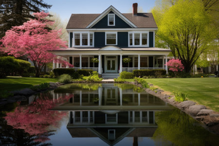the reflection of a colonial revival home on a calm pond nearby, created with generative aiの素材