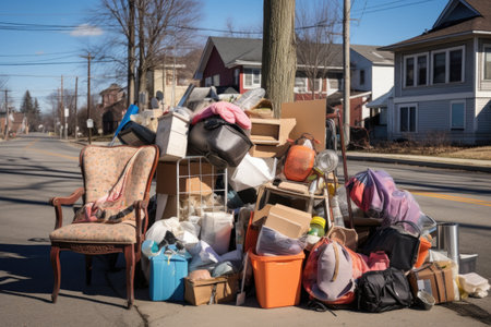 piles of household items on the sidewalk waiting for pickup, created with generative aiの素材