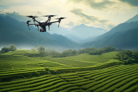 agronomist drone flying over a lush green tea plantation, created with generative aiの素材