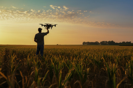 agronomist launching a drone into the sky over a cornfield, created with generative aiの素材