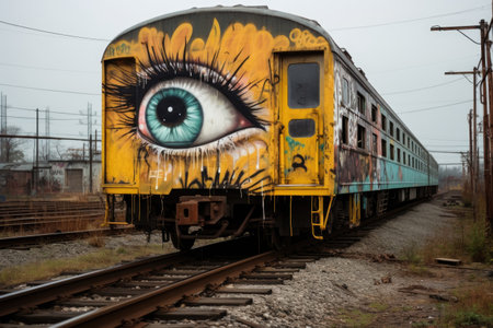 an eye graffiti on a train car in an urban setting, created with generative aiの素材