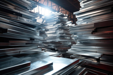 close-up of aluminum sheets stacked in a factory, created with generative aiの素材