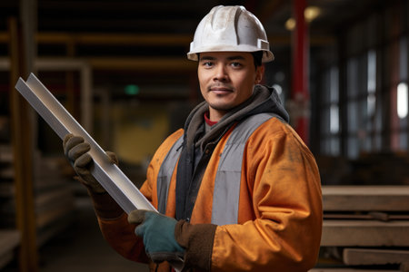 worker holding a freshly produced aluminum bar, created with generative aiの素材