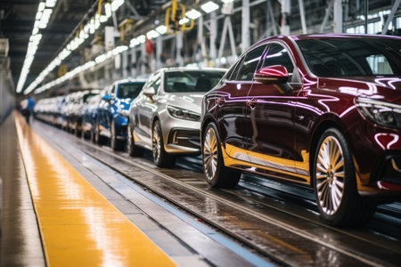 a line of vehicles ready for final inspection in a factory, created with generative aiの素材