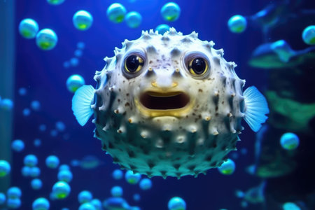 close-up view of puffer fish in an illuminated tank, created with generative aiの素材