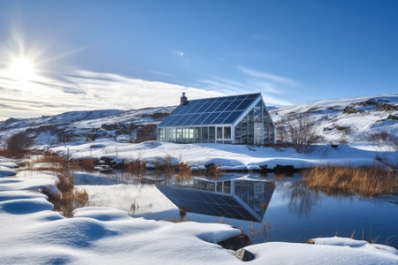 energy-efficient glass house with solar panels in arctic landscape, created with generative aiの素材