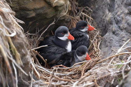 puffin nesting amid rocky arctic terrain, created with generative aiの素材