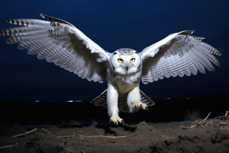 snowy owl hunting for prey at night, created with generative aiの素材
