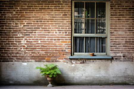 shuttered window on an aged brick wall, created with generative aiの素材