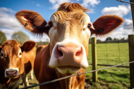 close view of a cows face behind a fence, created with generative aiの素材