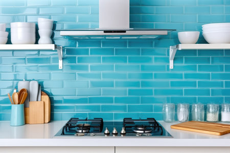 ocean blue subway tiles in a kitchen, created with generative aiの素材