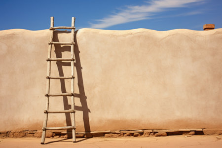ladder leaning against a pueblo adobe wall, created with generative aiの素材