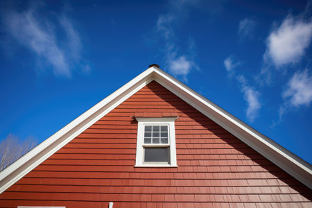 close-up of gambrel roof peak with blue sky background, created with generative ai