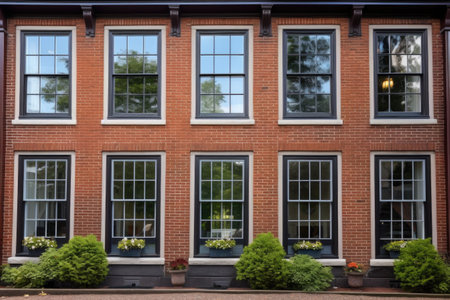 symmetry of windows in a colonial brick house, created with generative aiの素材