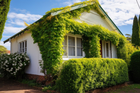 side profile of a picturesque cottage swathed in ivy, created with generative aiの素材