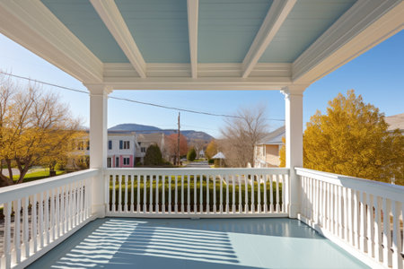 gabled roof of a greek revival porch on a sunny day, created with generative aiの素材