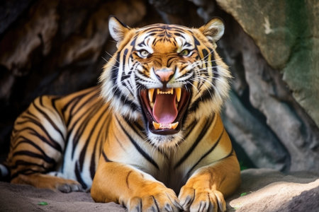 a tiger with a mouth wide open showing teeth, created with generative aiの素材
