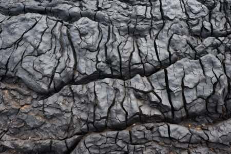 close-up of solidified black lava with cracks, created with generative aiの素材