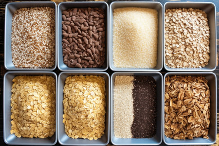 an overhead shot of different stages of granola bar production, created with generative aiの素材