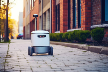 a compact delivery bot navigating a sidewalk, created with generative aiの素材