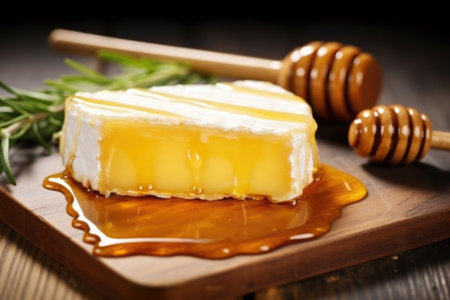 honey-drizzled smoked cheese on wooden board, created with generative aiの素材