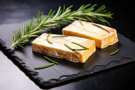 smoked cheese with sprigs of rosemary on slate, created with generative aiの素材