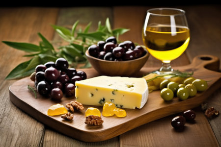 smoked cheese and olives on a ceramic tile, created with generative aiの素材