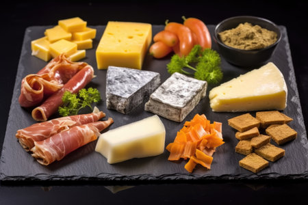 smoked cheese varieties arranged on a charcoal slate, created with generative aiの素材