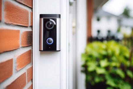 a smart doorbell with a camera in a suburban front door, created with generative aiの素材