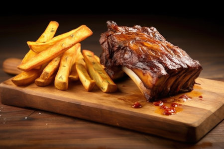 bbq beef ribs with potato wedges on a wooden board, created with generative aiの素材
